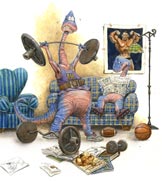 Weightlifting Dinosaur Illustration.  Funny sports art…  for a whimsical touch on a heavy subject.  From the illustration portfolio of Jim Harris.